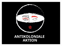 Logo der Antikolonialen Aktion _ Zwinckerndes vermummtes Gesicht mit Schriftzug