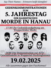 Plakat zur Gedenkdemonstrationen in Wuppertal zum 5. Jahrestag der rassistischen Morde in Hanau