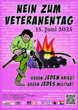 Mensch zerbricht Gewehr. Im Hintergrund brennt sabotierter Panzer.