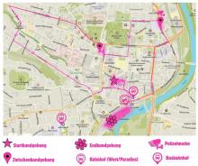 Routenkarte für die Demo am 14.6. in Jena. Start am Holzmarkt, 1. Zwischenkundgebung Am Anger, 2. Zwischenkundgebung Johannisplatz, Ende im Paradiespark.