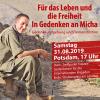 Aufruf zur Gedenkkundgebung und Demonstration für Micha am 31.08.2019 in Potsdam, zu sehen ist Micha in den Bergen Kurdistans
